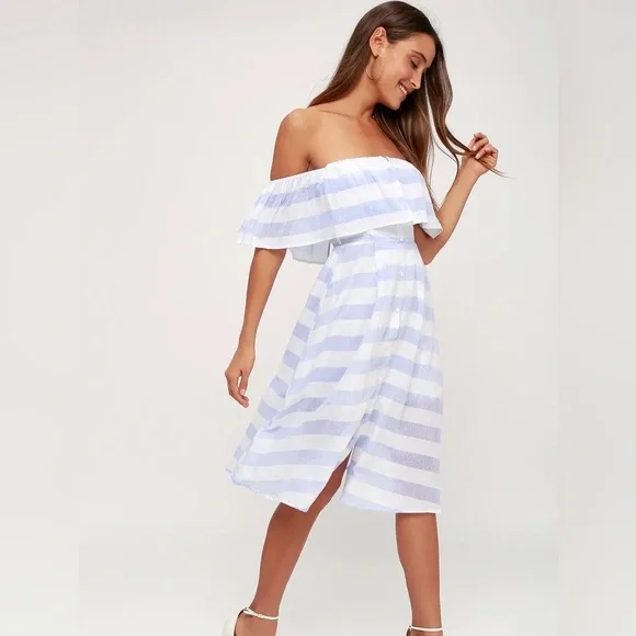 Lulus Transatlantic Voyage Blue and Ivory Striped Midi Dress - Picture 1 of 5